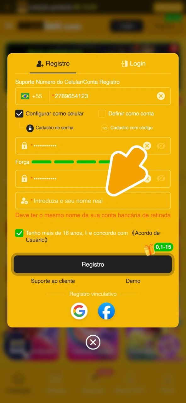 Digite seu nome e confirme o cadastro na 8855bet.