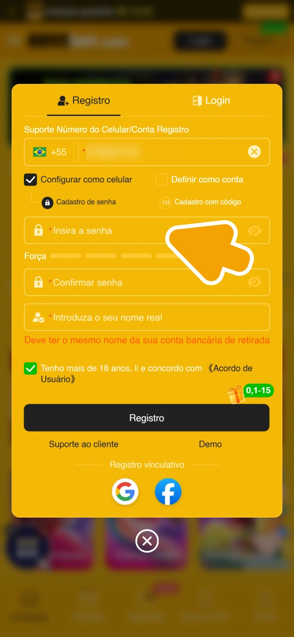 Crie uma senha forte para sua conta no formulário de cadastro da 8855bet.