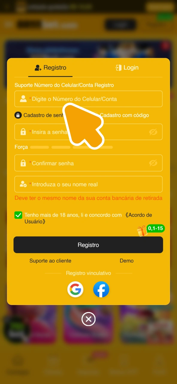 Digite seu número de telefone ou número de conta no formulário de cadastro da 8855bet.