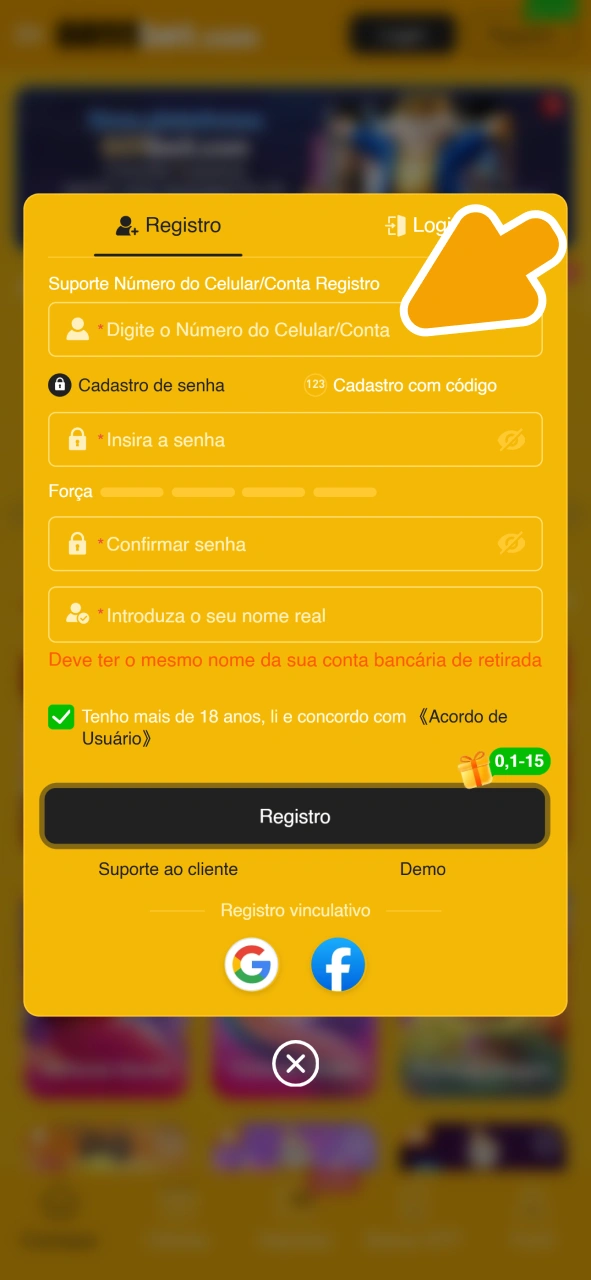 Insira seus dados no formulário de cadastro da 8855bet.